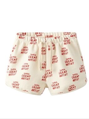 Zara Cream Shorts with Red Graphic 'Super Great Artist' Print